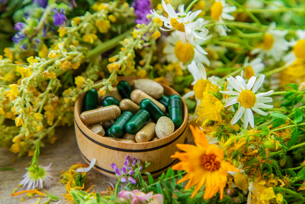 Supplements and vitamins with medicinal herbs. Senior's Retirees.